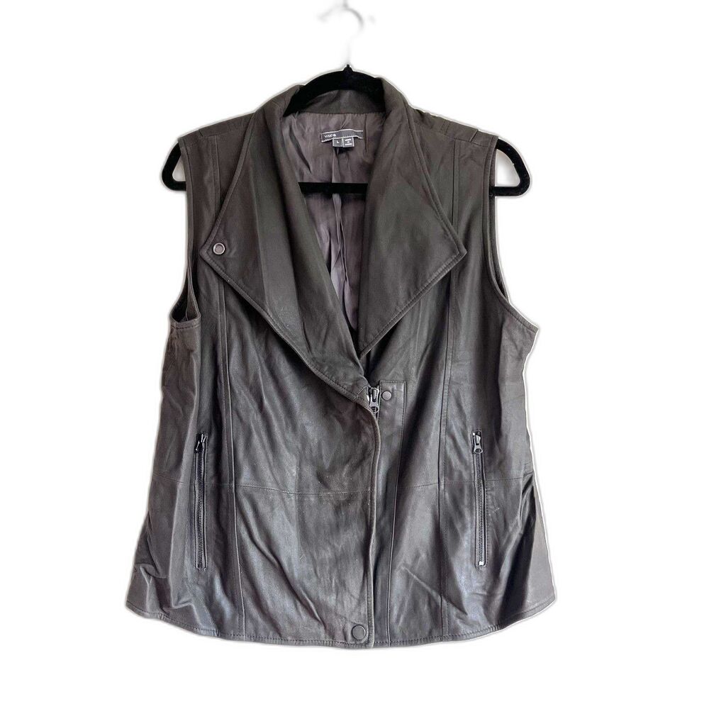 Vince Women’s Large Gray Genuine Leather Moto Vest Zip Pockets Biker Jacket